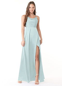 Azazie Naomie Bridesmaid Dresses Sea Glass A-Line Cowl Neckline Side Slit Stretch Satin Dress image1