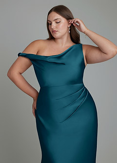 Azazie Emerson Bridesmaid Dresses Ink Blue Mermaid Off the Shoulder Stretch Satin Dress image12