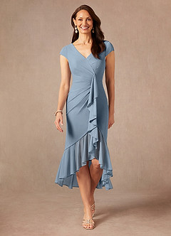 Azazie Renetta Mother of the Bride Dresses Dusty Blue Sheath V-Neck Pleated Mesh Dress image1