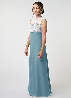 Azazie Rana Junior A-Linie Spitze Chiffon Kleid Stimmungsvolles Blau image3