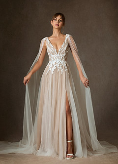 Azazie Goddess Wedding Dresses Diamond White Caramel A-Line V-Neck Sequins Tulle Dress image1
