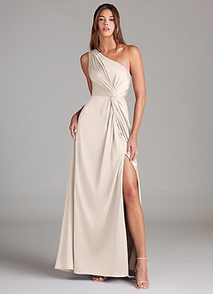 Azazie Brooke Bridesmaid Dresses White Alabaster A-Line One Shoulder Stretch Satin Dress image2