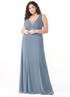 Azazie Christiana Probar vestidos en casa Vestido de Azul Polvoriento de Gasa de Corte en A con Cuello en V plisado image7