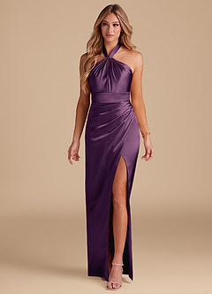 Azazie Zaya Vestidos de damas de honor Vestido de Ciruela de Satén Metálico de Corte Recto con Plisado image3