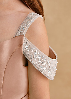 Azazie Jodi Robe Demoiselle D'honneur Fillette Robe Trapèze en Mat Satiné Champagne Rosé image6