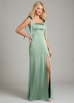 Azazie Frostine Vestidos de damas de honor Vestido de Agave de Satén Elástico de Corte en A con Lazo image5