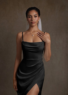 Azazie Katiya Wedding Dresses Black Sheath Cowl Neckline Pleated Stretch Satin Dress image7