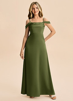 Azazie Lettie Junior A-Line Off-Shoulder Stræk satin Gulv-længde Junior brudepige Kjole image4