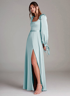 Azazie Leonia Bridesmaid Dresses Sea Glass A-Line Long Sleeve Stretch Satin Dress image5