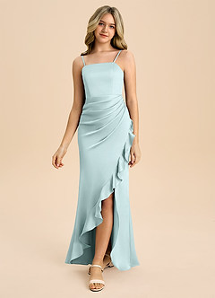 Azazie Buzzy Junior Sea Glass Sheath Pleated Stretch Satin Dress image5