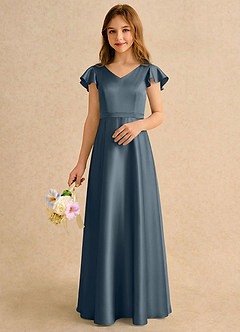 Azazie Nari Girls Formal Final Sale Blushing Pink A-Line with Sleeves Stretch Satin Dress image3