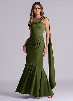 Azazie Inara Bridesmaid Dresses Olive Mermaid Pleated Stretch Satin Dress image4