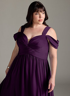 Azazie Lianne Bridesmaid Dresses Grape A-Line Off the Shoulder Stretch Satin Dress image14