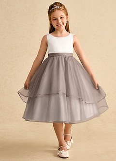 Azazie Rene vestidos de niña de las flores Vestido de Marfil Taupe de Tul de Corte En A con Lazo image4