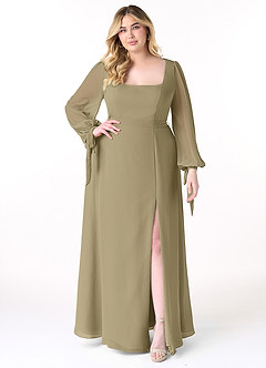 Azazie Leonia Bridesmaid Dresses Moss Green A-Line Long Sleeve Chiffon Dress image8