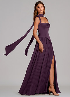 Azazie Stephanie Bridesmaid Dresses Plum A-Line Pleated Stretch Satin Dress image3