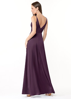 Azazie Dalilah Final Sale Plum A-Line V-Neck Pleated Stretch Satin Dress image2
