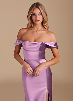 Azazie Saige Bridesmaid Dresses Wisteria A-Line Off the Shoulder Metallic Satin Convertible Dress image3
