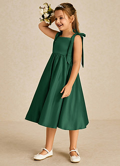 Azazie Chelsie Flower Girl Dresses Dark Green A-Line Bow Matte Satin Dress image4