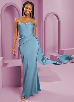 Barbie ♥ Azazie Bridesmaid Dresses Steel Blue Sheath Strapless Stretch Satin Convertible Dress image3