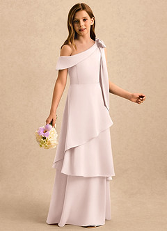 Azazie Shyloh Girls Formal Flower Girl Dresses Blushing Pink A-Line Off the Shoulder Stretch Satin Dress image5