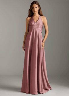 Azazie Tessie Vestidos de damas de honor Vestido de Rosa Polvorienta de Satén Elástico de Corte en A con Plisado image3