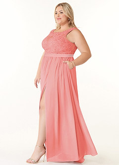 Azazie Elly Robes de demoiselle d'honneur Robe Trapèze en Mousseline de soie Encolure dégagée en dentelle Corail image9