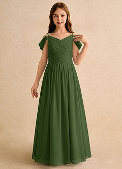 Azazie Chelo Girls Formal Abiti da Ragazza di Fiori Abito A-Line in Chiffon Plissettato Oliva image5