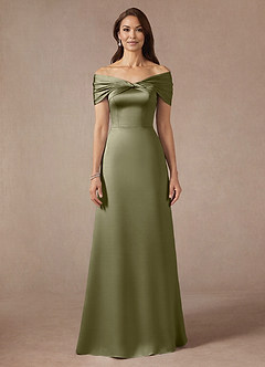 Azazie Amelia Mother of the Bride Dresses Pistachio A-Line Off the Shoulder Stretch Satin Dress image3