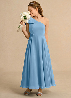 Azazie Guppy Junior Formal Abiti da Ragazza di Fiori Abito A-Line in Chiffon Monospalla Blu Acciaio image5