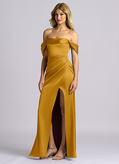 Azazie Auden Bridesmaid Dresses Butterscotch Sheath Off the Shoulder Stretch Satin Convertible Dress image4