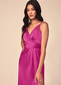 Azazie Aqua Brautjungfernkleider A-Linie V-Hals Gefaltet Stretch-Satin Kleid Fuchsia image9
