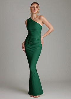 Azazie Shanice Bridesmaid Dresses Emerald Sheath One Shoulder Premium Stretch Jersey Dress image1