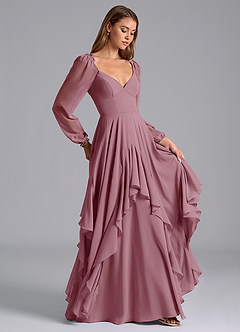 Azazie Karan Bridesmaid Dresses Vintage Mauve A-Line Long Sleeve Chiffon Dress image4