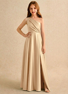 Azazie Puddles Girls Formal Flower Girl Dresses Champagne A-Line One Shoulder Stretch Satin Dress image1