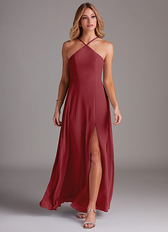 Azazie Bailey Bridesmaid Dresses Pomegranate A-Line Halter Side Slit Chiffon Dress image4