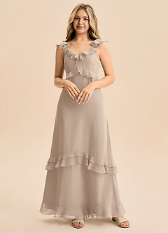 Azazie Tavie Junior Vestido de Gris Pardo de Gasa de Corte en A con Volante image5