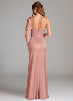 Azazie Wynter Bridesmaid Dresses Rosette Sheath Off the Shoulder Stretch Satin Dress image2