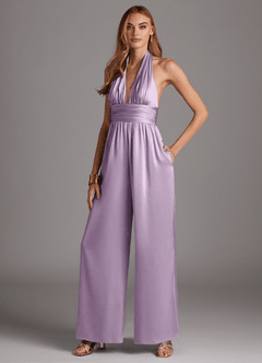 Azazie Oli Jurken voor bruidsmeisjes Jumpsuit van Stretch Satijn Geplooid Frosted Lila image1