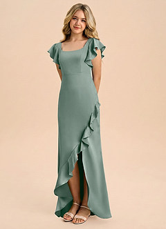 Azazie Demi Junior Silver Sage Mermaid Bow Stretch Satin Dress image1