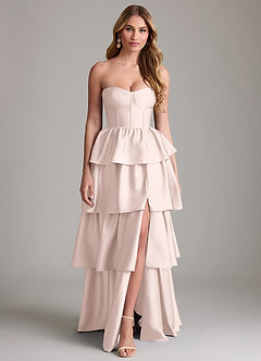 Azazie Faye Bridesmaid Dresses Blushing Pink A-Line Ruched Stretch Satin Dress image1