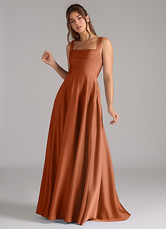 Azazie Shaude Bridesmaid Dresses Copper A-Line Pleated Stretch Satin Dress image5