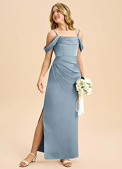 Azazie Saige Junior Vestido de Azul Polvoriento de Satén Elástico de Corte Recto con Vestidos sin tirantes image5