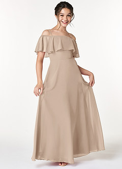 Azazie Maggie Junior Robe Trapèze en Mousseline de soie Épaule décolletée Taupe image3