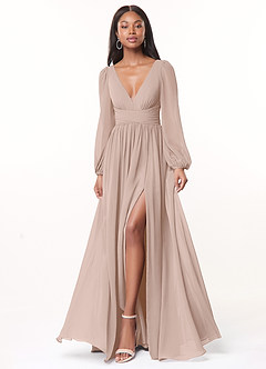 Azazie Norah Brautjungfernkleider A-Linie Lange Ärmel mit V-Ausschnitt Chiffon Kleid Englisches Rosa image1