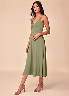 Azazie Dottie Final Sale Pistachio A-Line Stretch Satin Dress image4