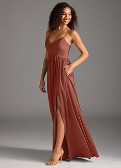 Azazie Alia Bridesmaid Dresses Auburn A-Line Pleated Stretch Satin Dress image11