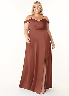 Azazie Ocean Robes de demoiselle d'honneur Robe Trapèze en Satin extensible Col V plissé Auburn image6