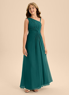 Azazie Brooke Junior Abito A-Line in Chiffon Spacco Laterale Verde Pavone image5