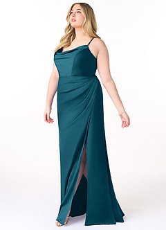 Azazie Marzia Bridesmaid Dresses Ink Blue Mermaid Cowl Pleated Stretch Satin Dress image9